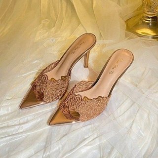 Giày Cao Gót Nữ Mũi Nhọn Stiletto Slip-On Ren 35-41