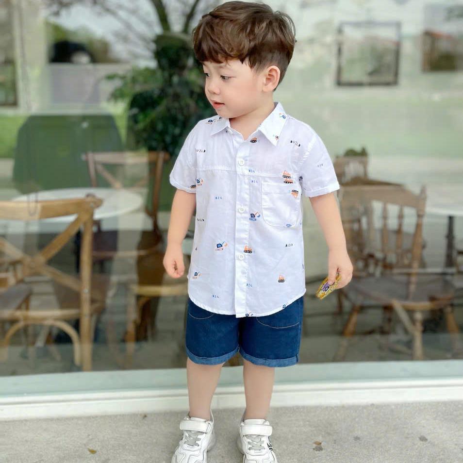 Bộ quần áo SƠ MI IN HÌNH HỌA TIẾT OTO MÁY XÚC cho bé trai, áo chất SƠ MI mềm mát , quần Bò mềm thoải mái cho bé