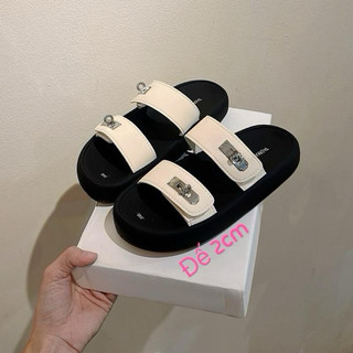 Dép Nữ IGU 2 quai ngang có khóa vặn tròn da lộn trẻ trung cá tính cao 5cm và 2cm nhẹ chân mũi dễ phối đồ