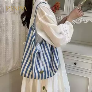 PNPIA- Túi Tote vải sọc có thể đảo ngược dành cho nữ Phong cách Hobo Ren nơ trang trí Túi đeo vai lớn để sử dụng thông thường