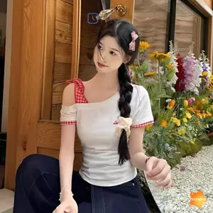 Áo thun ngắn tay một vai màu trắng mùa hè dành cho nữ Phong cách mới Slim Fit buộc dây Pure Desire Style Off-shoulder Top mới