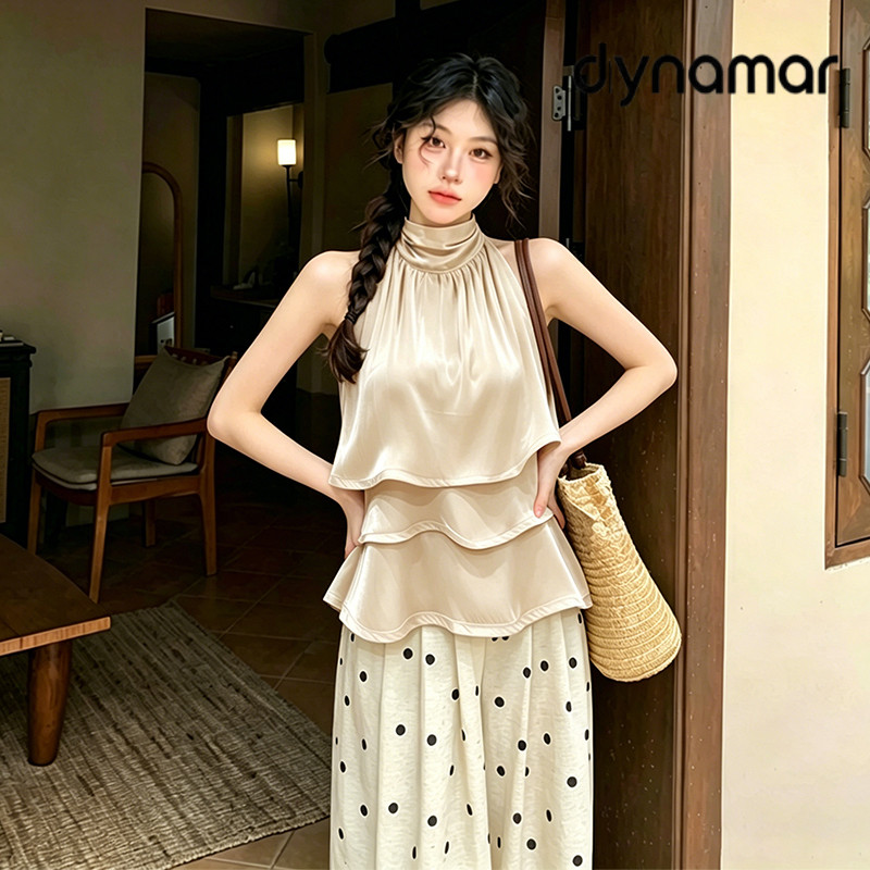 【dynamar】Áo Cami kiểu Pháp bóng bẩy dành cho nữ, viền bèo nhún, buộc dây, cổ yếm, hở lưng, không tay, dáng ôm