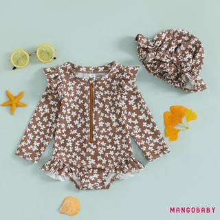 MG-Girls Bộ Đồ Tắm 2 Mảnh Trang Phục Cổ Tròn In Hoa Tay Dài Dây Kéo Đồ Bơi + Mũ Bơi Bộ Đồ Đi Biển Cho Bé Tập Đi