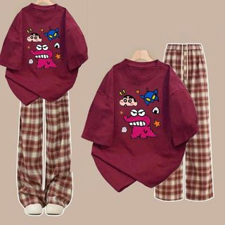 Bộ quần kẻ CARO đỏ cạp cao  + kết hợp áo phông unisex tay lỡ nam nữ form xinh- thubaaa