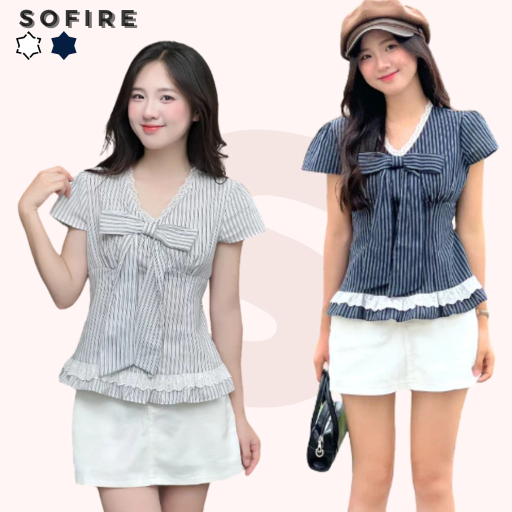 Áo Sơ Mi Kẻ Sọc Cổ Tim Kèm Nơ To Phối Ren Xinh Xắn Sofire, Áo Kiểu Nữ Viền Bèo Gấu Dễ Thương Thời Trang Mùa Hè -NT1