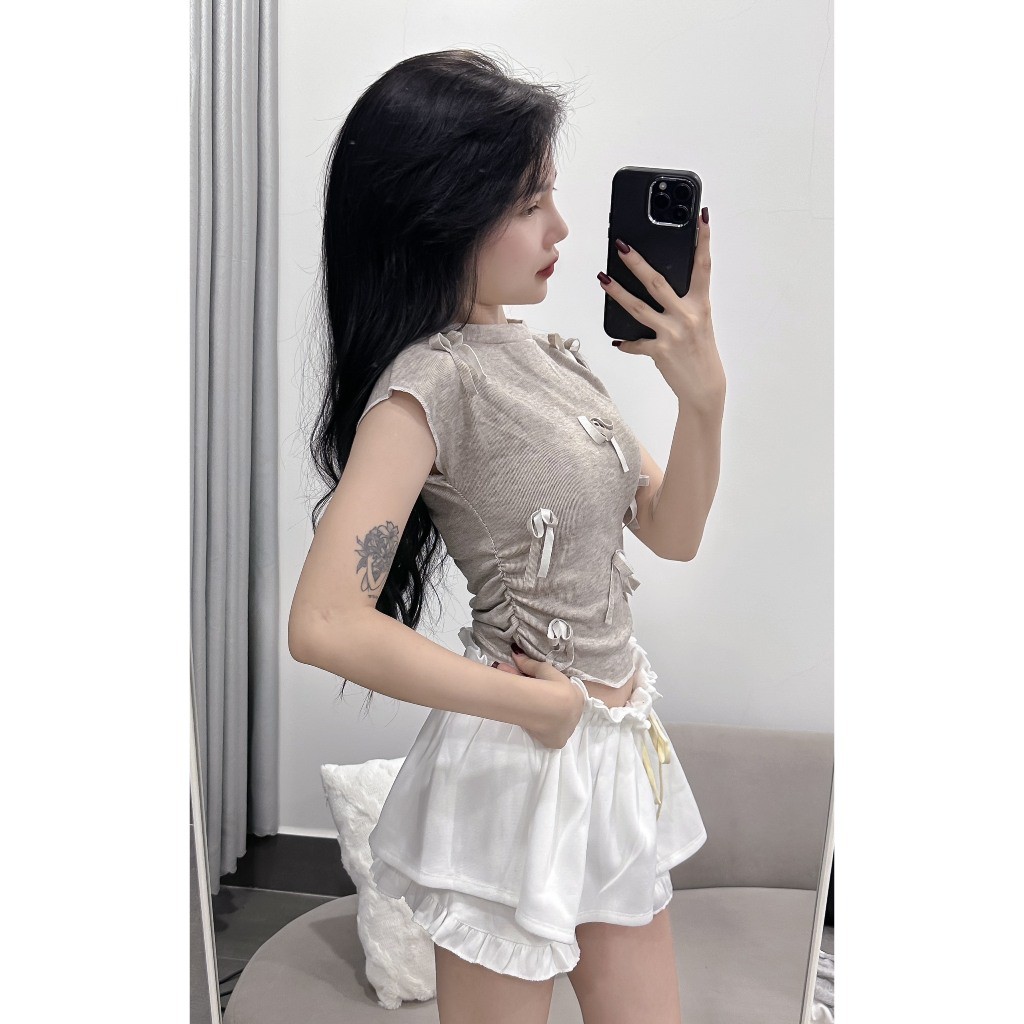 Áo thun nữ cổ tròn đính nơ tay hến phong cách Hàn Quốc chất thun co dãn ôm body