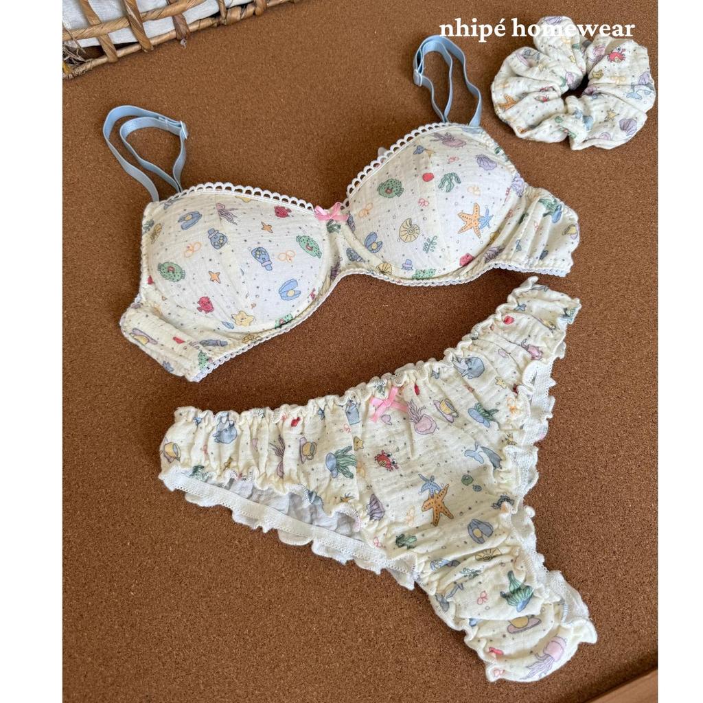 Set bộ đồ lót xô Muslin nhipé homewear họa tiết hoa dễ thương phối ren, có gọng mút tháo lắp mút, chât mềm mịn thoáng