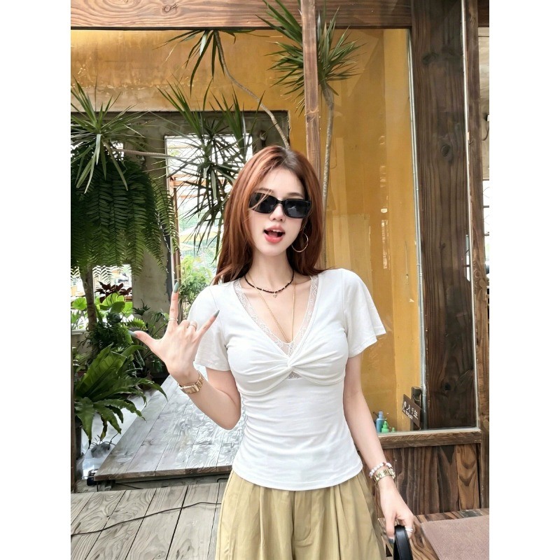 SUXI Áo thun ngắn tay cổ chữ V nhẹ nhàng dành cho nữ mùa hè mới 260513