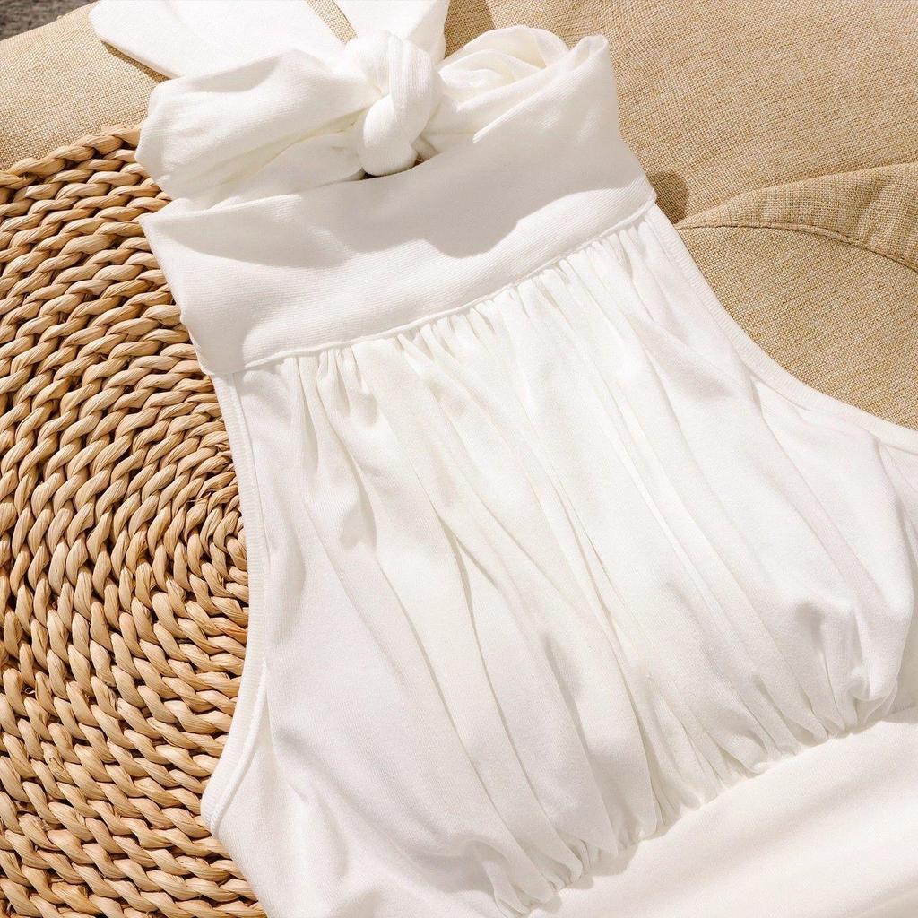 Pure Desire Style Hot Girl Áo yếm không tay Halter Thiết kế xếp li lại Dây đeo eo hẹp Slim-fit Slimmer Look Sang trọng Bên trong bên ngoài hàng đầu