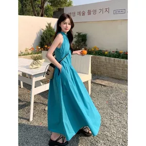 Đầm dây màu xanh cho nữ Váy dài mùa hè