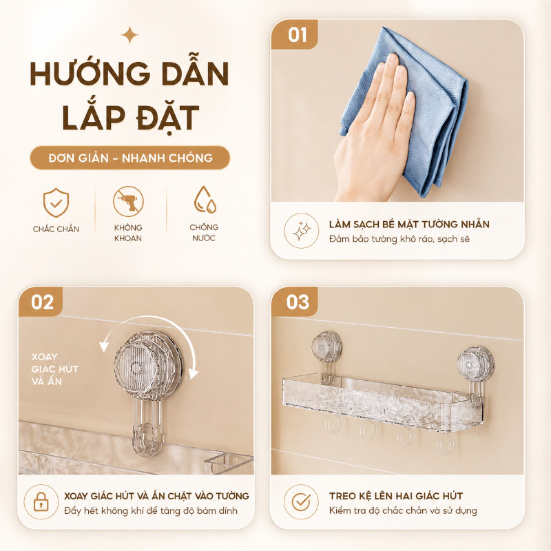 Kệ để đồ Nhà Tắm Hút Chân Không, Dán Tường,Vật Liệu Trong Suốt Có Móc Treo, đựng Dầu Gội Sữa Tắm, Phụ Kiện