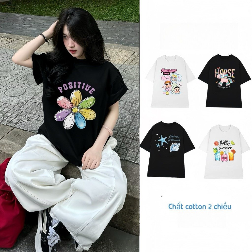 （Giao hàng 24h）Angela Áo Thun Nữ Form Rộng Cotton 2 Chiều In Hình Cute Nhiều Mẫu Áo Phông Nữ Dễ Thương Hot Trend