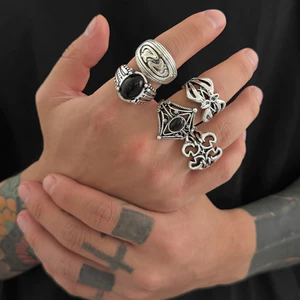 Bộ nhẫn rỗng đá quý bạc cổ điển 5 mảnh dành cho nam - Black Onyx & Deer Head & Fleur-De-Lis & Twisted Design - Gothic Punk để mặc hàng ngày