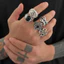 Bộ nhẫn rỗng đá quý bạc cổ điển 5 mảnh dành cho nam - Black Onyx & Deer Head & Fleur-De-Lis & Twisted Design - Gothic Punk để mặc hàng ngày