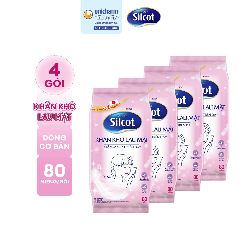 Khăn khô lau mặt Silcot Nhật Bản, giảm ma sát trên da, 80 miếng/gói