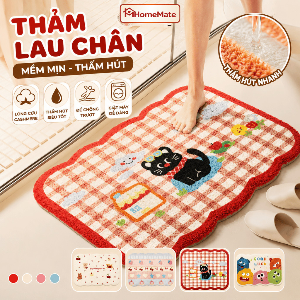 Thảm Lau Chân Nhà Tắm HomeMate Hoạt Hình Dễ Thương, Thảm Cashmere Mềm Mịn Thấm Hút Chống Trượt 40x60cm