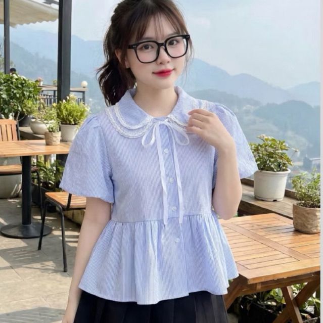 Áo Sơ Mi Nữ Dáng Babydoll Cổ Sen 2 Lá Phối Ren Cộc Tay Có Bigsize Clothing Thời Trang Nữ M6777 - SamHi Closet