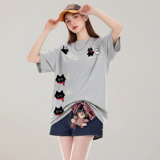 HIIXIIVI 2026 Mùa Hè Cotton Tee Phong Cách Hàn Quốc Nữ Tay Ngắn Thời Trang Unisex Cổ Tròn Rời Plus Kích Thước Áo Thường Ngày