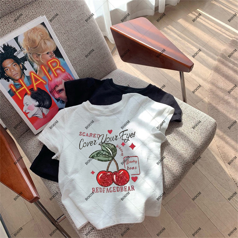 BOOM Áo Baby Tee Nữ Cotton Ôm Body-Áo Thun Ngắn Tay Y2K In Hình PhongCách Mùa Hè, Cổ Tròn Hàng Đầucách hàn quốc phongC39