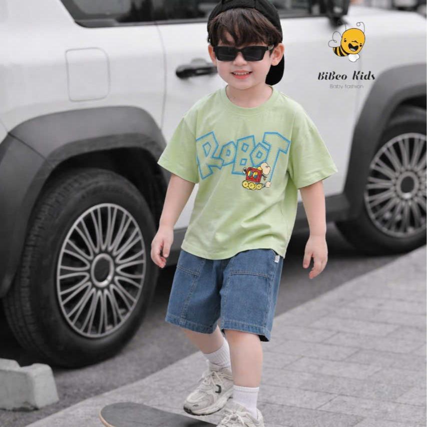 [BiBeo Kids]Bộ quần áo cộc tay ROBOT TINH NGHỊCH quần Bò áo chất COTTON 4 chiều siêu co giãn