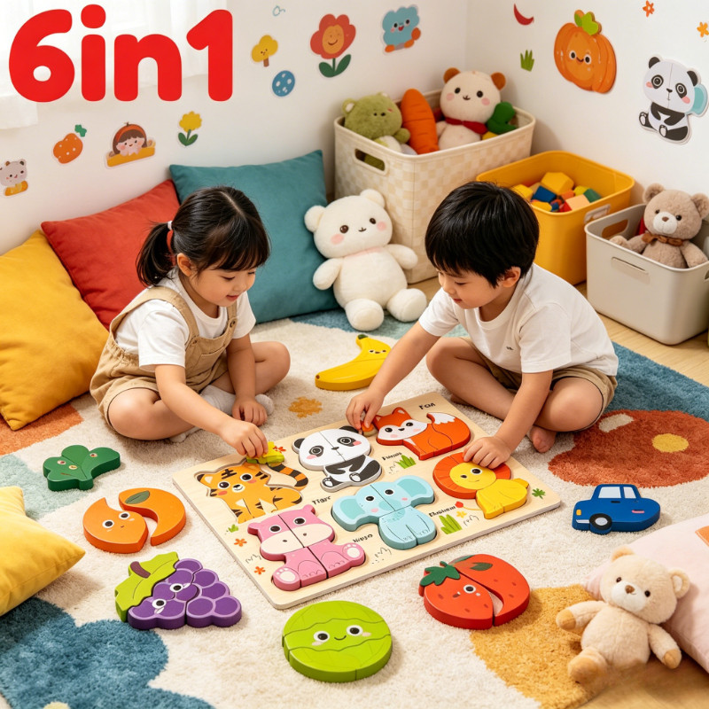 Bảng Ghép Hình 3D Bằng Gỗ Cho Trẻ Em,Thiết Kế 6 Trong 1,Nhiều Kiểu Dáng,Bền Chắc Và Bền Lâu,Đồ Chơi Giáo Dục Trẻ Em