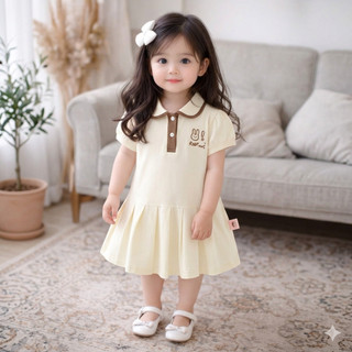 Combo 2 Bộ Váy bé gái cổ sen thêu hình thỏ – Chất cotton mềm mịn, dáng xòe size từ 9-25kg