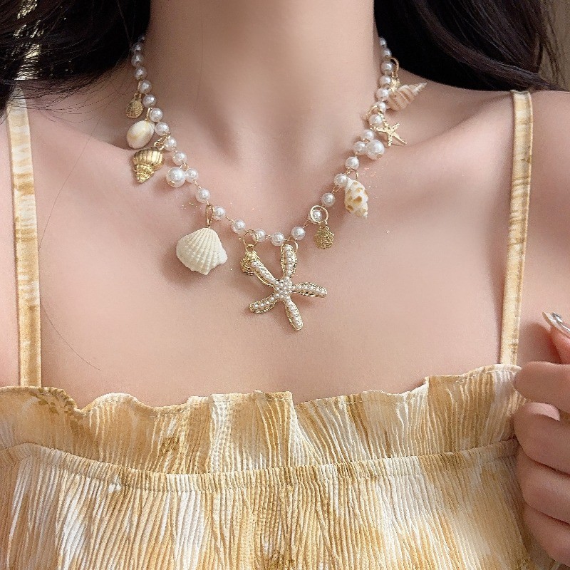 Phong Cách Bohemian Sao Biển Vỏ Ngọc Trai Vòng Cổ Thời Trang Nữ Cá Tính Xương Đòn Dây Xích Bãi Biển Ảnh Phụ Kiện