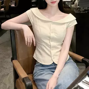 Áo sơ mi ve áo búp bê hẹp kiểu Pháp dành cho nữ Mùa hè Phong cách mới Phong cách Hàn Quốc thon gọn hơn Nhìn phù hợp