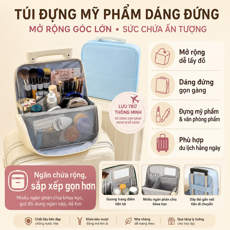 Túi Đựng Bút & Mỹ Phẩm Đa Năng Di Động – Dung Tích Lớn, Phân Vùng, Chống Thấm, Kèm Gương, Quai Xách, Du Lịch