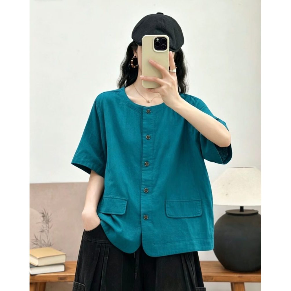 Áo Sơ Mi Nữ Cổ Đứng Tay Ngắn Màu Trơn Sợi Cotton Cao Cấp Túi Lớn