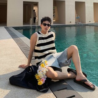ESEA Nam Tank Top Mỹ Hợp Thời Trang Thương Hiệu Tương Phản Sọc Rỗng Dệt Kim Thoáng Khí