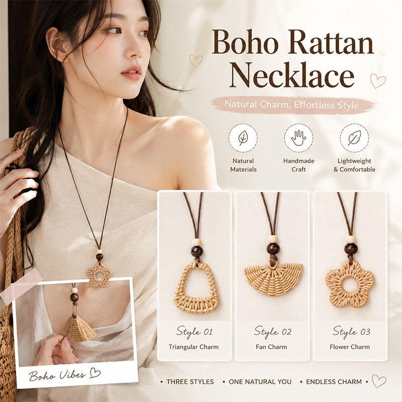 Vòng cổ mặt dây chuyền Boho Mây, Vòng cổ quyến rũ mây tự nhiên dệt thủ công, Vòng cổ dài phong cách dân tộc nhẹ dành cho nữ