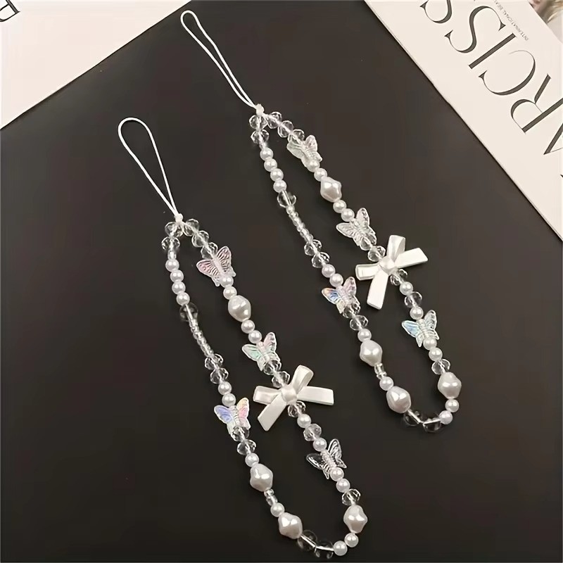 Hàn Quốc Ngọt Ngào Đáng Yêu Điện Thoại Dây Xích Bướm Nơ Hạt Quyến Rũ Treo Dây Chống Mất Camera Dây Đeo Túi Trang Trí