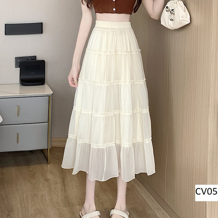 Chân Váy Dáng Dài Xòe 5 Tầng Chất Voan Tơ Phối Bèo Phong Cách Ulzzang Thời Trang- CV055 CP