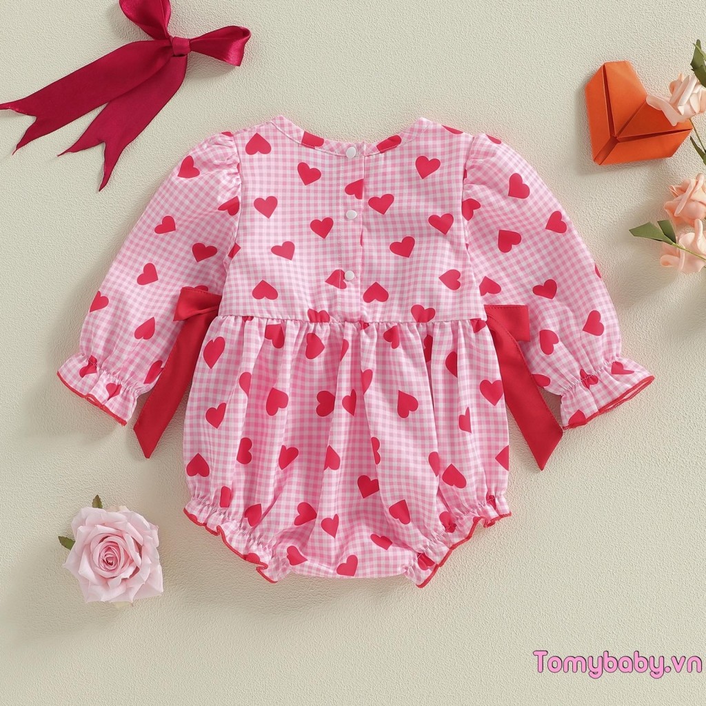 Bé Gái Valentines Áo Liền Quần Rời Phù Hợp Với Chữ Thêu Trái Tim Tình Yêu In Nơ Dài Tay Jumpsuit