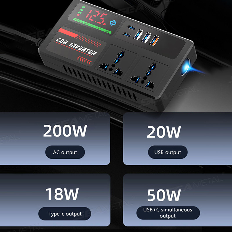 Bộ chuyển đổi ổ cắm ô tô di động SEAMETAL 12V / 24V sang 220V với 3 cổng USB Sạc nhanh Bộ sạc ô tô cho ô tô tự động, xe tải SUV RV
