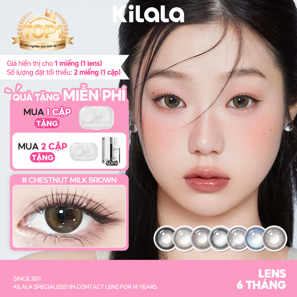 Kính áp tròng Kilala màu nâu Chestnut Milk Brown/White Peach Brown/Lychee Grey lens cận 6 tháng DIA 14.2mm có độ (0-7) 1 chiếc lens