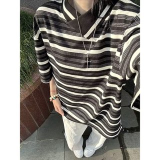 Áo thun nam GKSSS tay ngắn thương hiệu thời trang Mỹ cổ không đều sọc unisex