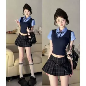 Bộ đồ hai mảnh cổ áo Polo giả hai mảnh phong cách Preppy mùa hè