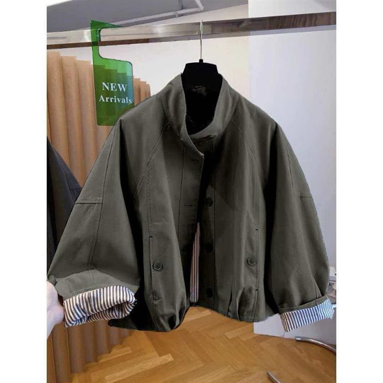 Áo khoác nữ phong cách cổ đứng mới dáng rộng thường ngày sọc ngắn