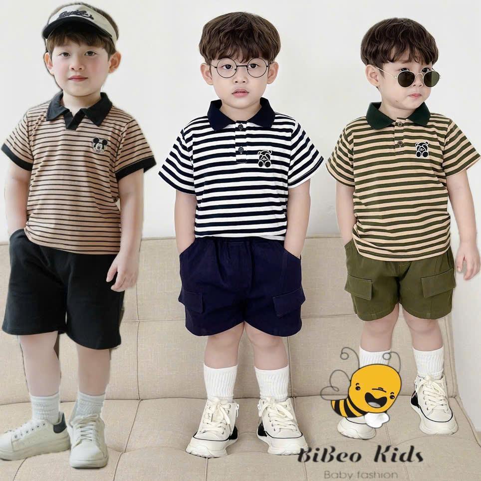 Bộ quần áo cộc tay KẺ NGANG IN HÌNH GẤU cho bé trai,  Bộ quần áo chất COTTON thoải mái cho bé