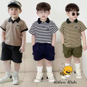 Bộ quần áo cộc tay KẺ NGANG IN HÌNH GẤU cho bé trai, Bộ quần áo chất COTTON thoải mái cho bé