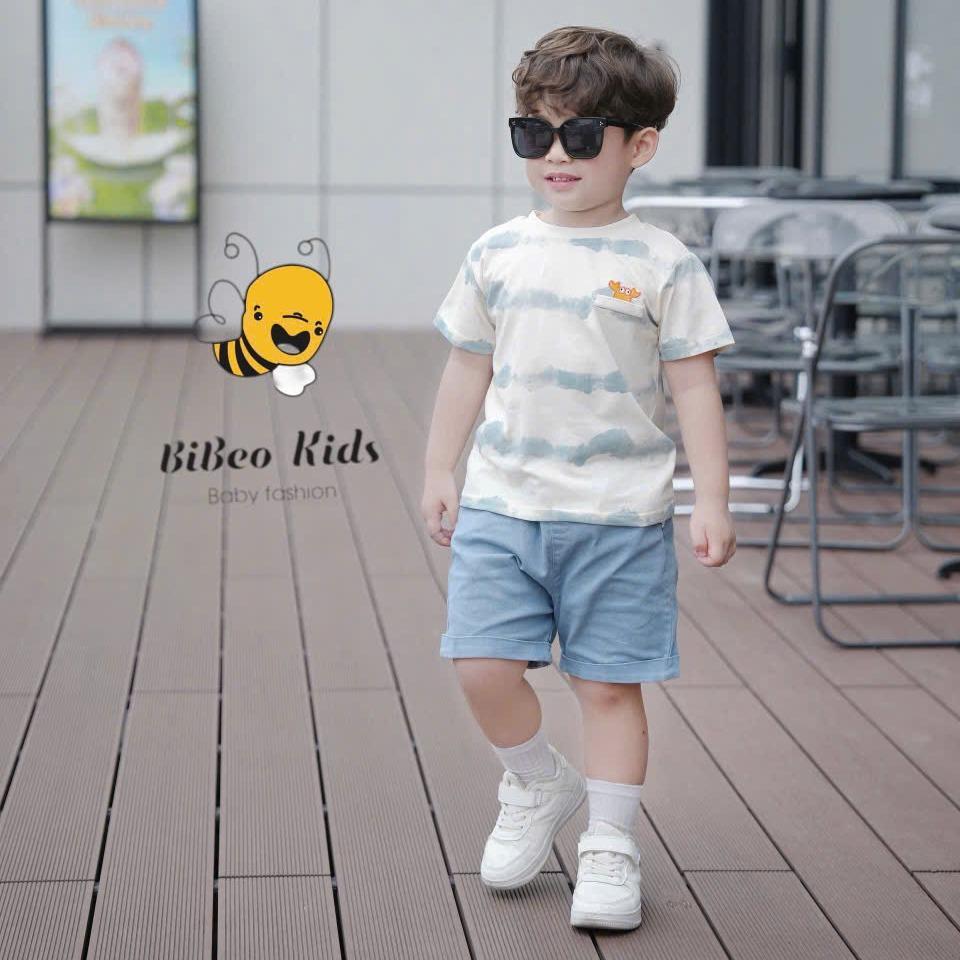 Bộ quần áo LOANG QUẦN BÒ XANH THÊU CUA  cho bé trai , Quần BÒ  áo chất COTTON mềm thoải mái cho bé