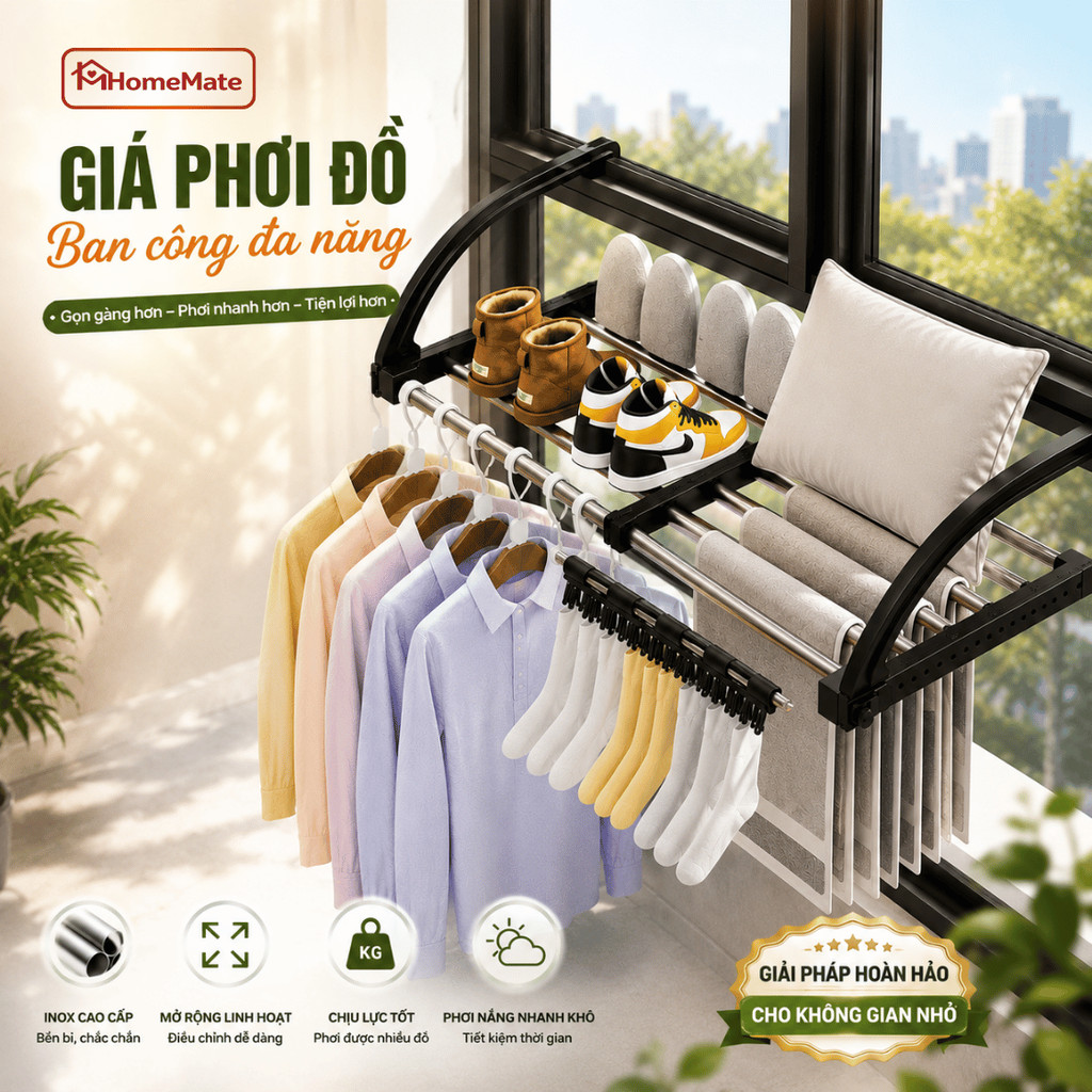 Giá Phơi Đồ Ban Công Gấp Gọn HomeMate – Kệ Treo Ban Công Kéo Rộng Thông Minh, Không Khoan, Chịu Lực 10KG