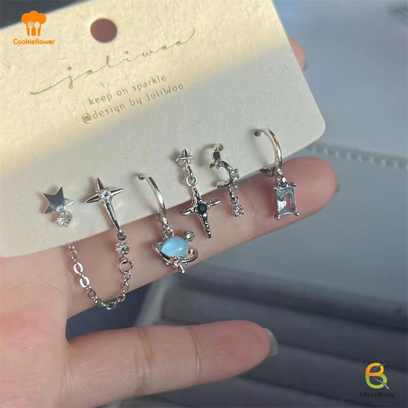 [Kitten-t] 6 Cái / bộ Goth Punk Crystal Moon Cross Star Mặt Dây Chuyền Bông Tai Dành Cho Nữ Cô Gái Tính Khí Đa Năng Phụ Kiện Trang Sức Quà Tặng Mới