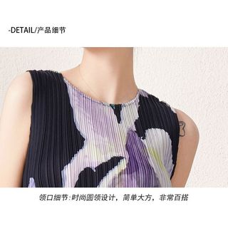 Miyake Váy Cổ Tròn Không Tay Nữ Phong Cách Mới Niche Cao Cấp In Xếp Ly Váy Thẳng Eo Nẹp
