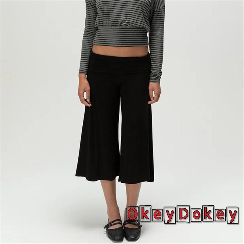 ODokey-Nữ Gấp Qua Eo Capri Thời Trang Thường Ngày Màu Trơn Thấp Nâng Chân Rộng Quần Crop