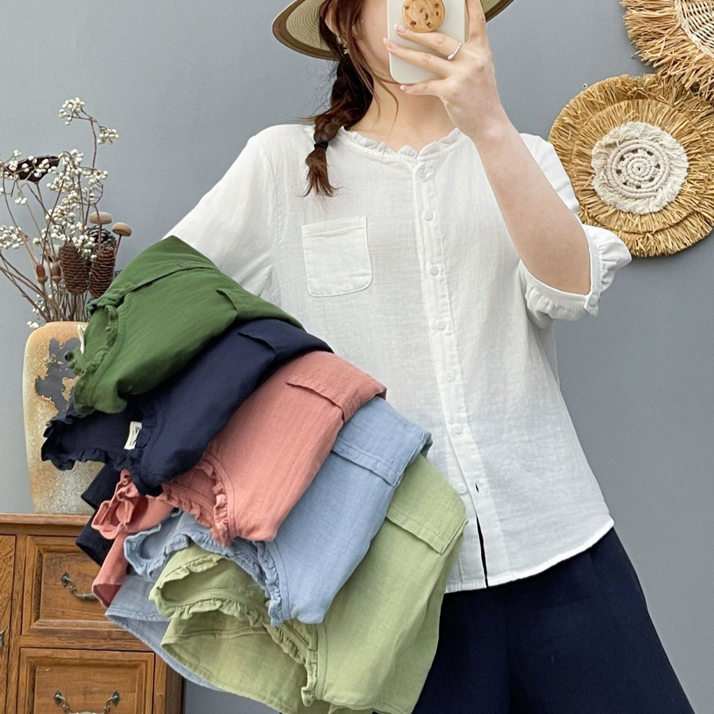 [Hàng có sẵn] Áo sơ mi nữ chất liệu 100% Cotton mềm mại, cổ ren đơn giản, tay vừa, màu trơn
