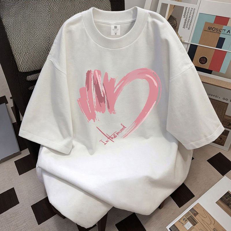（Giao hàng 24h）Angela Áo thun nữ dáng rộng Unisex mùa hè Họa tiết trái tim in Áo phông Hàn Quốc 100% cotton
