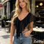 Áo thun nữ tay ngắn cổ chữ V không lưng Xù áo Crop top nữ